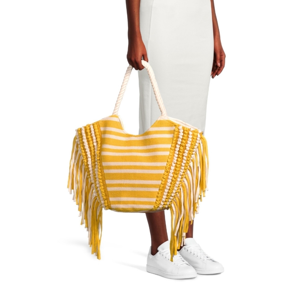 Time AND Tru Women's Fringe Woven Tote Bag Yellow/Natural